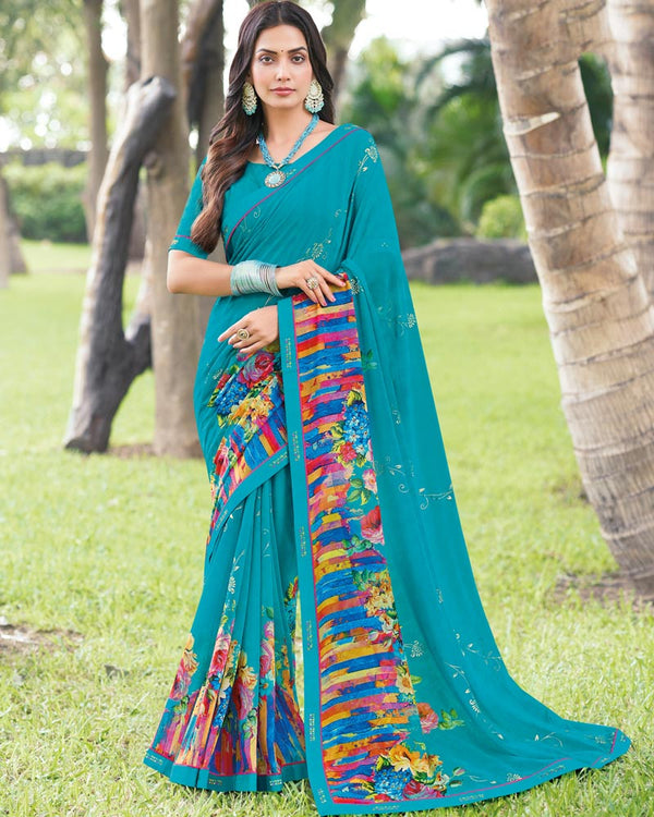 Vishal Prints Pacific Blue Printed Digital Print Georgette Saree With Foil Print And Fancy Border