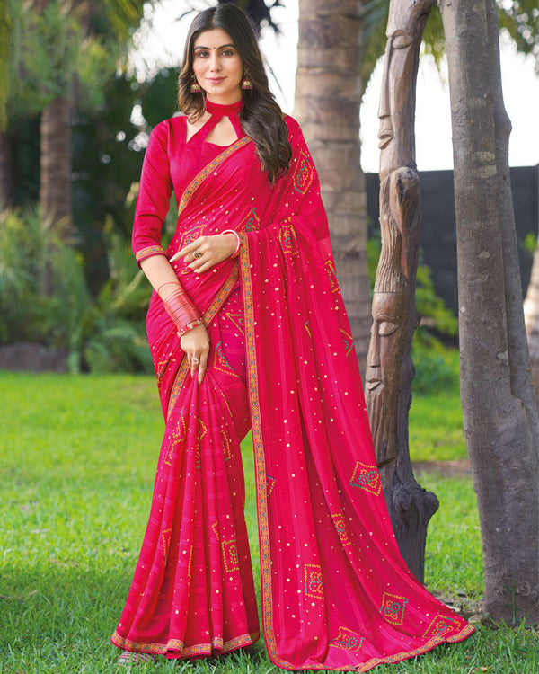 Vishal Prints Red Pink Printed Digital Print Georgette Saree With Foil Print And Fancy Border