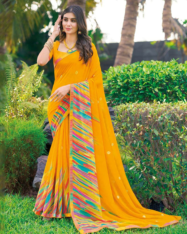 Vishal Prints Mustard Printed Digital Print Georgette Saree With Foil Print And Fancy Border