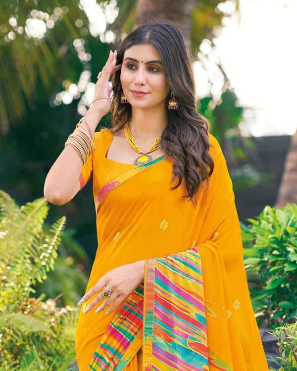 Vishal Prints Mustard Printed Digital Print Georgette Saree With Foil Print And Fancy Border