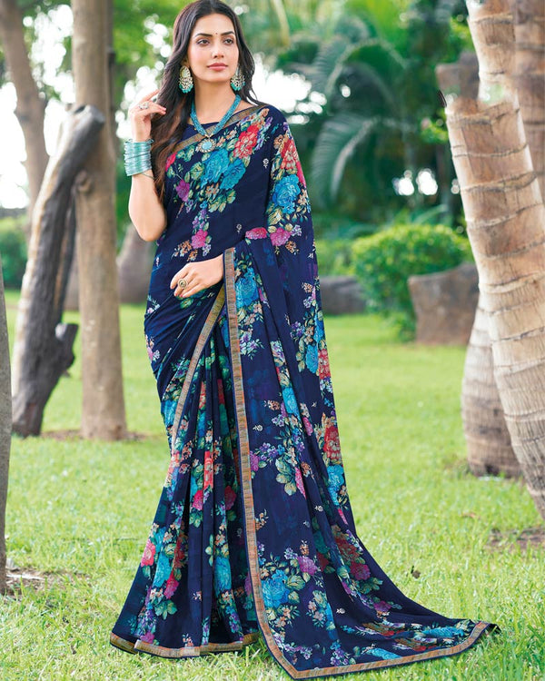 Vishal Prints Navy Blue Printed Digital Print Georgette Saree With Foil Print And Fancy Border