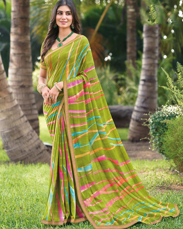 Vishal Prints Olive Green Printed Digital Print Georgette Saree With Foil Print And Fancy Border