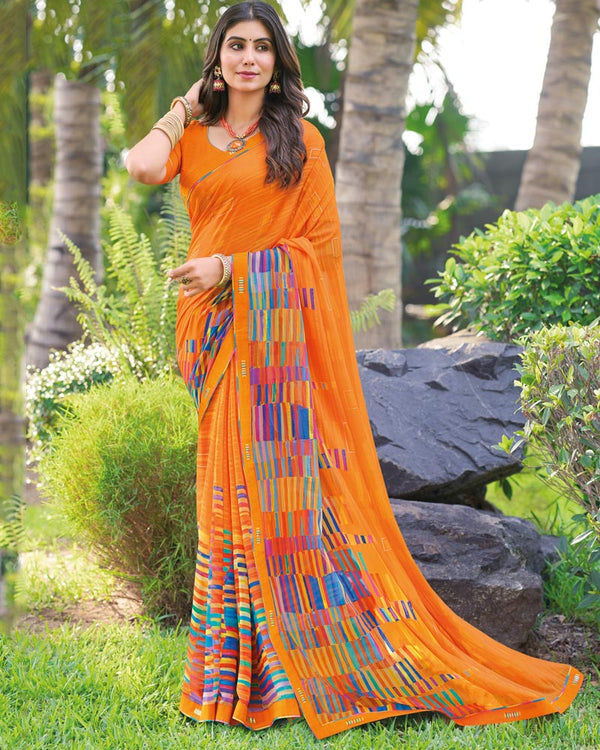 Vishal Prints Orange Printed Digital Print Georgette Saree With Foil Print And Fancy Border