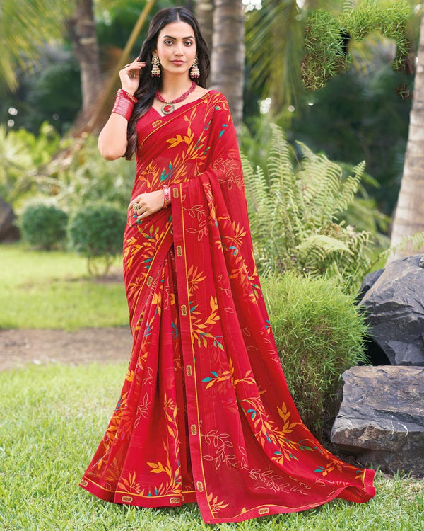 Vishal Prints Cardinal Red Printed Digital Print Georgette Saree With Foil Print And Fancy Border