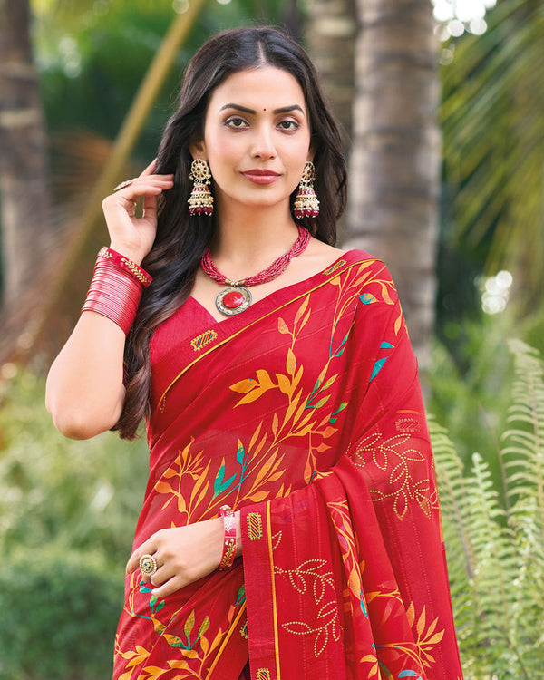 Vishal Prints Cardinal Red Printed Digital Print Georgette Saree With Foil Print And Fancy Border