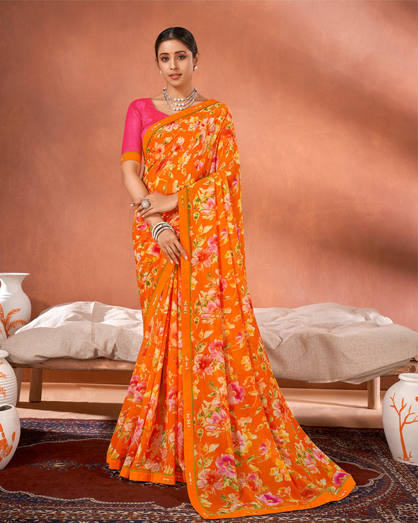 Vishal Prints Orange Printed Georgette Saree With Fancy Border