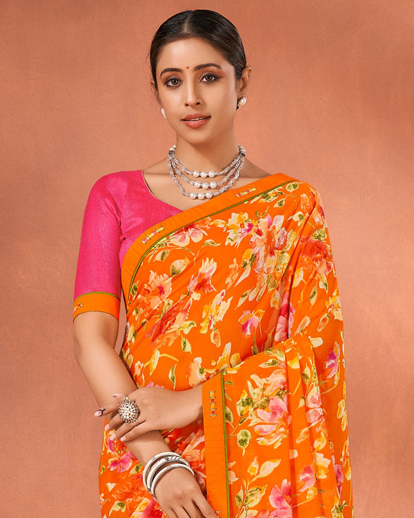 Vishal Prints Orange Printed Georgette Saree With Fancy Border