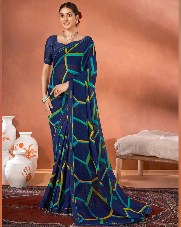 Vishal Prints Navy Blue Printed Georgette Saree With Fancy Border