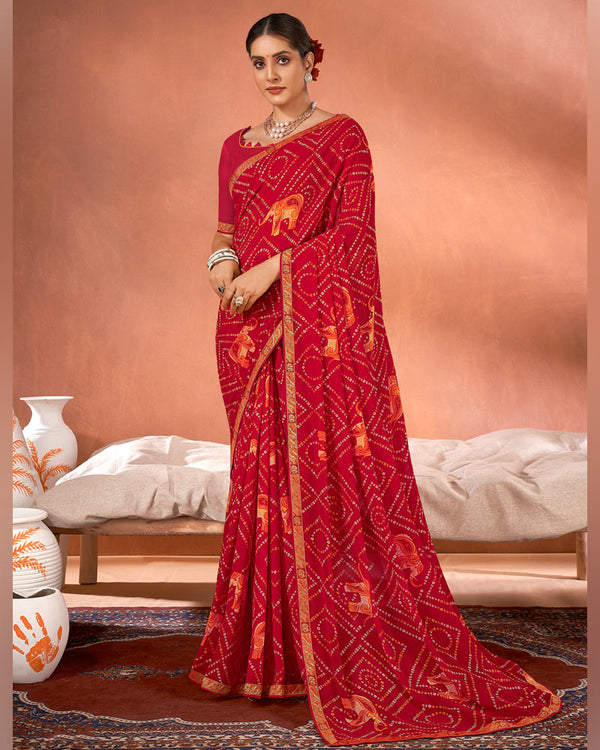 Vishal Prints Dark Red Printed Georgette Saree With Fancy Border