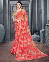 Vishal Prints Light Red Digital Printed Organza Saree With Diamond Piping