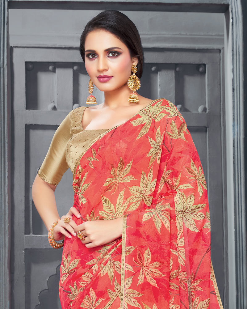 Vishal Prints Light Red Digital Printed Organza Saree With Diamond Piping