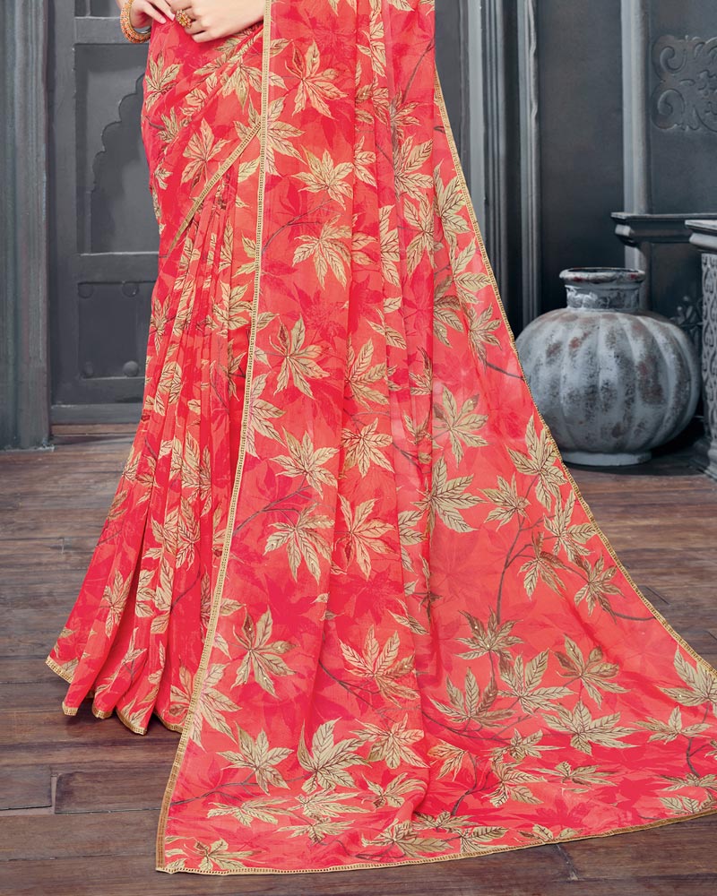 Vishal Prints Light Red Digital Printed Organza Saree With Diamond Piping