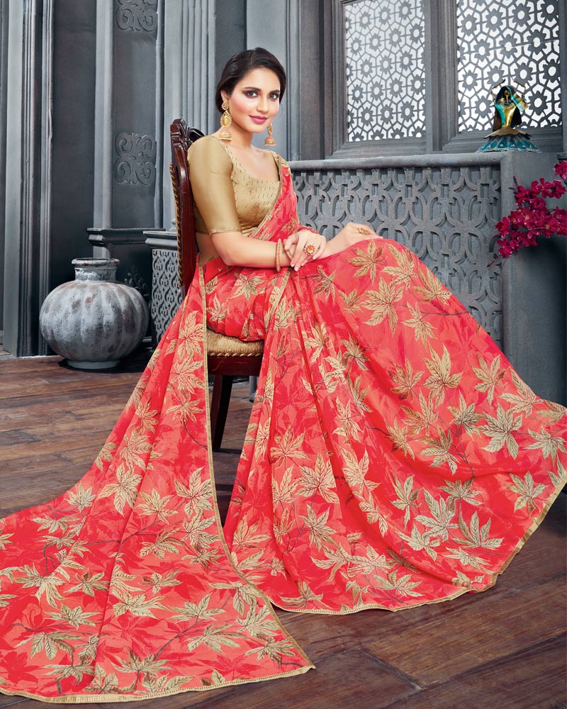 Vishal Prints Light Red Digital Printed Organza Saree With Diamond Piping