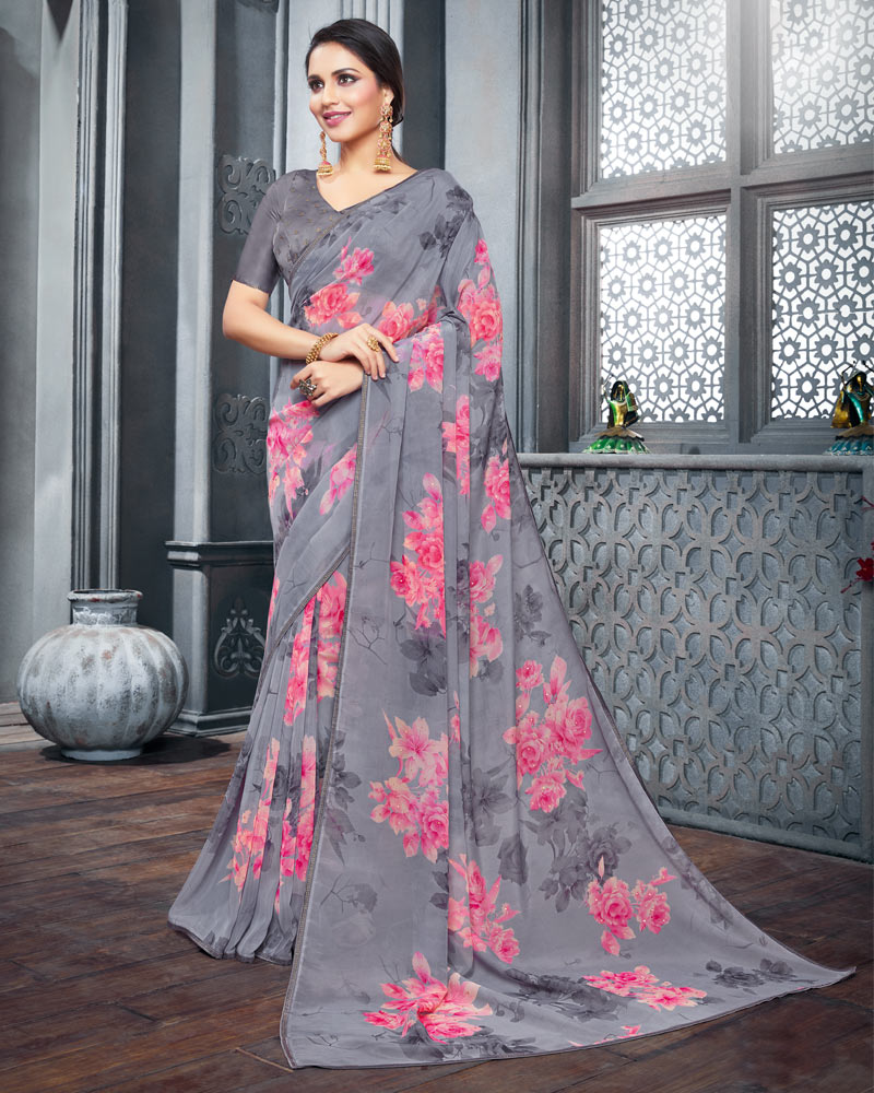 Vishal Prints Grey Digital Printed Organza Saree With Diamond Piping