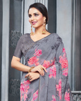 Vishal Prints Grey Digital Printed Organza Saree With Diamond Piping