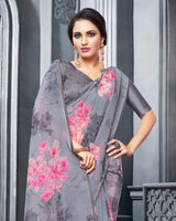 Vishal Prints Grey Digital Printed Organza Saree With Diamond Piping