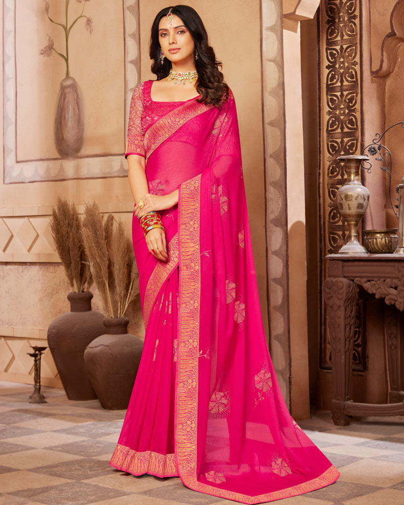 Vishal Prints Hot Pink Chiffon Saree With Foil Print And Zari Border