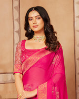 Vishal Prints Hot Pink Chiffon Saree With Foil Print And Zari Border