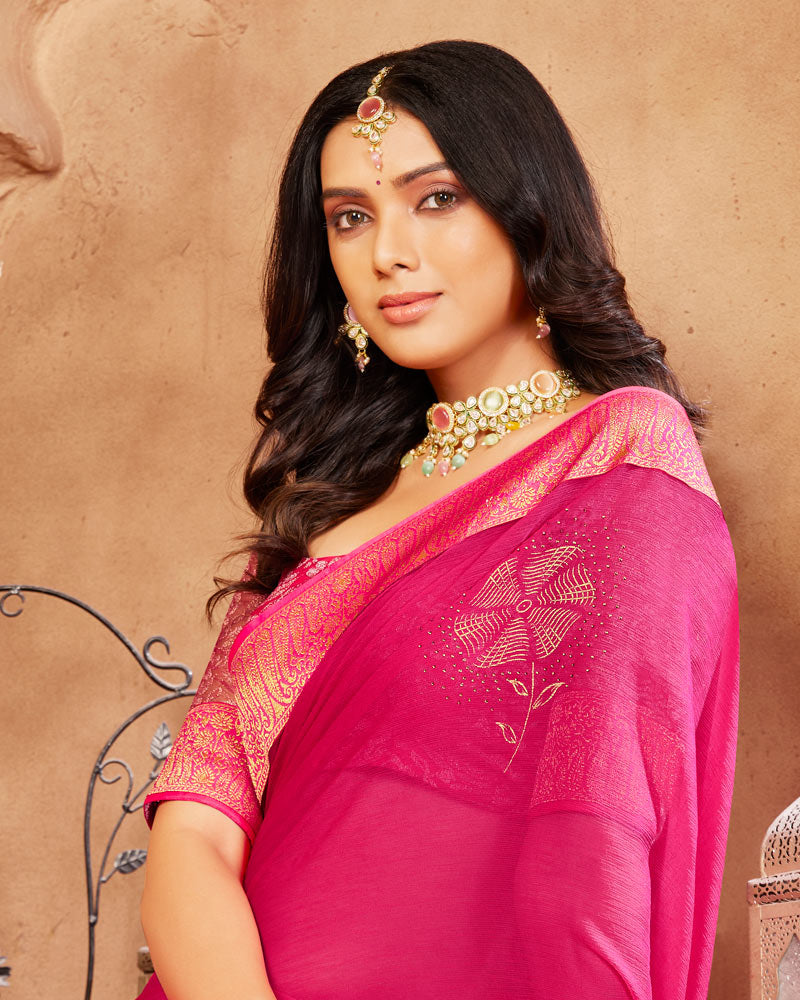 Vishal Prints Hot Pink Chiffon Saree With Foil Print And Zari Border