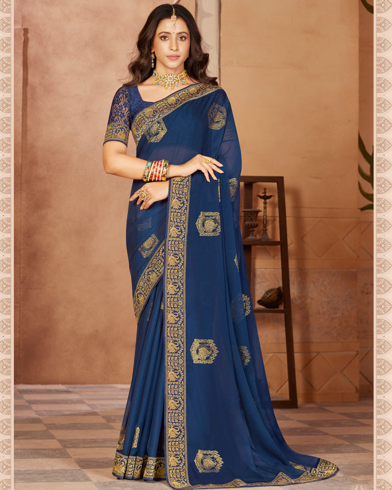 Vishal Prints Navy Blue Chiffon Saree With Foil Print And Zari Border