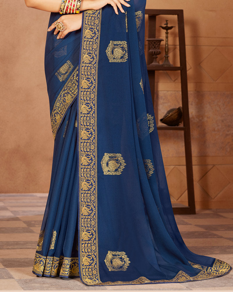 Vishal Prints Navy Blue Chiffon Saree With Foil Print And Zari Border