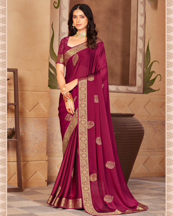 Vishal Prints Wine Chiffon Saree With Foil Print And Zari Border