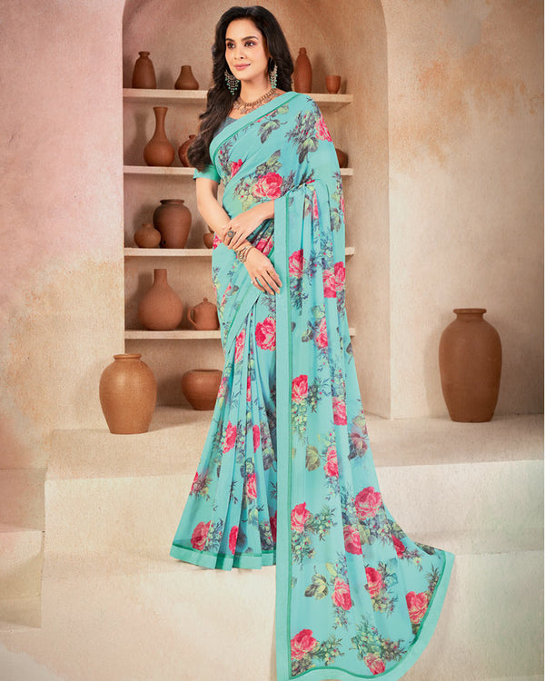 Vishal Prints Turquoise Blue Printed Georgette Saree With Fancy Border