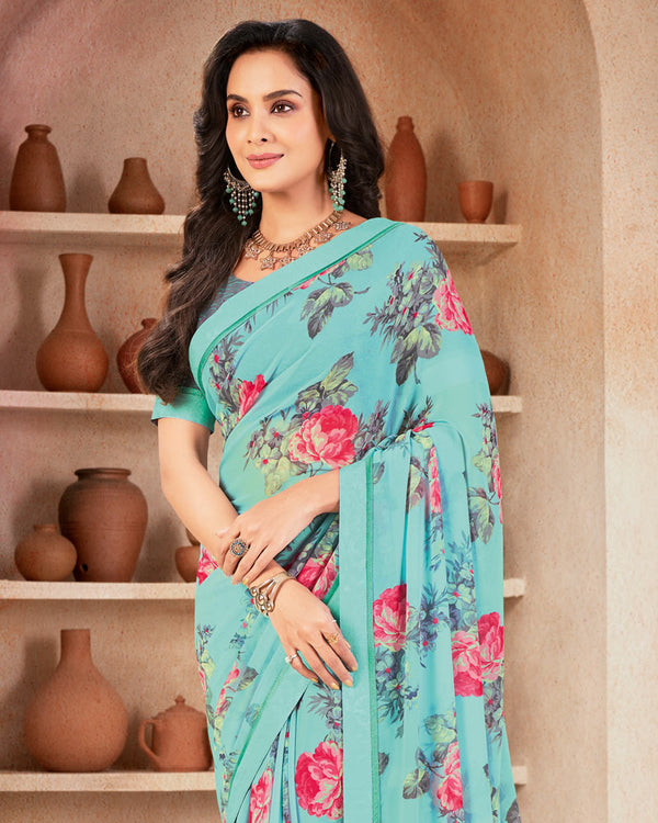 Vishal Prints Turquoise Blue Printed Georgette Saree With Fancy Border