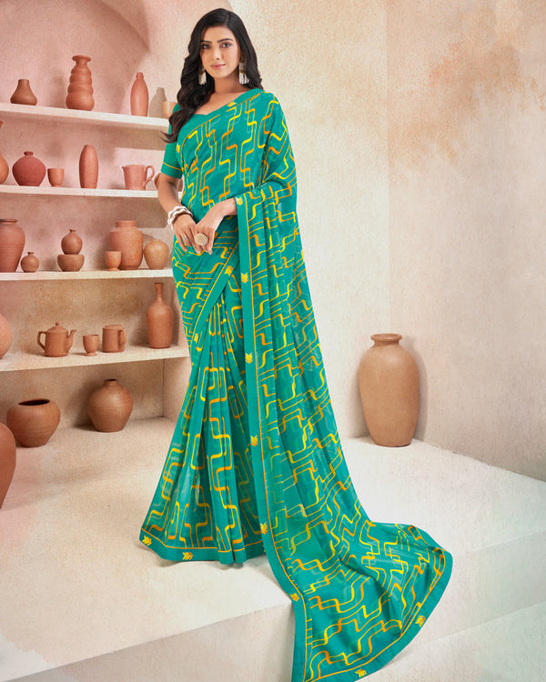 Vishal Prints Teal Green Printed Georgette Saree With Fancy Border