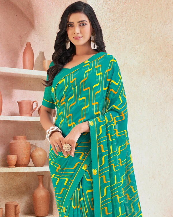 Vishal Prints Teal Green Printed Georgette Saree With Fancy Border