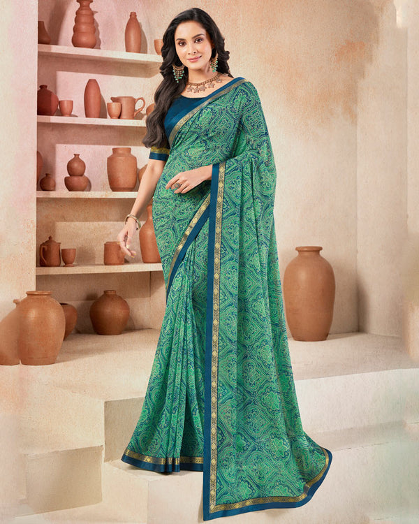 Vishal Prints Aqua Green Printed Georgette Saree With Fancy Border