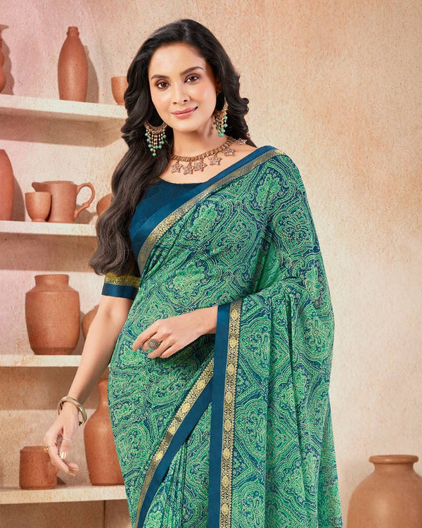 Vishal Prints Aqua Green Printed Georgette Saree With Fancy Border