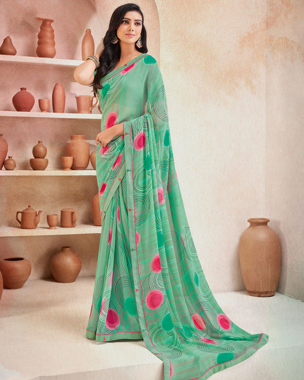 Vishal Prints Aqua Green Printed Georgette Saree With Fancy Border