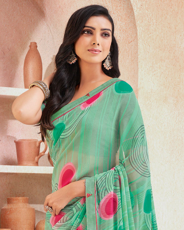 Vishal Prints Aqua Green Printed Georgette Saree With Fancy Border