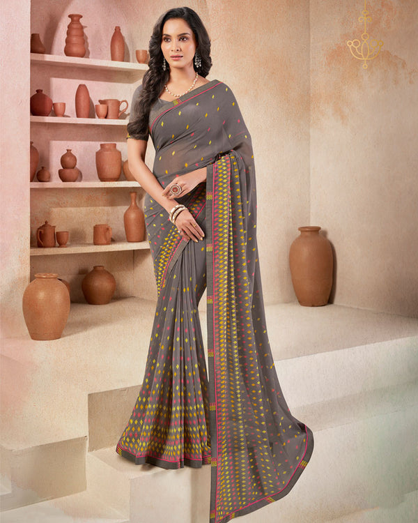 Vishal Prints Charcoal Grey Printed Georgette Saree With Fancy Border