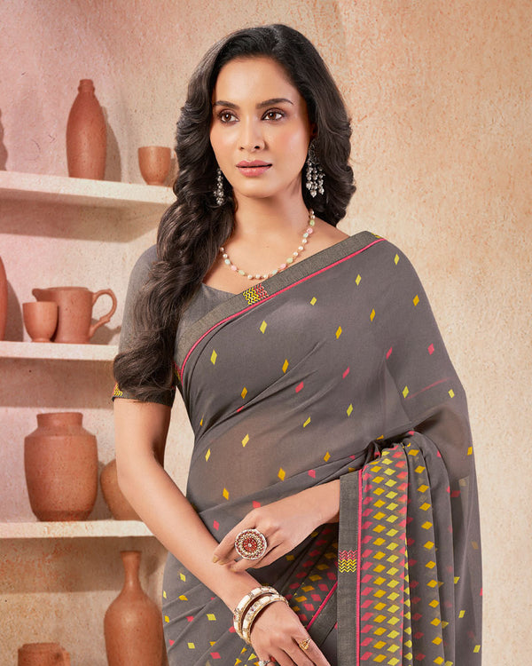 Vishal Prints Charcoal Grey Printed Georgette Saree With Fancy Border