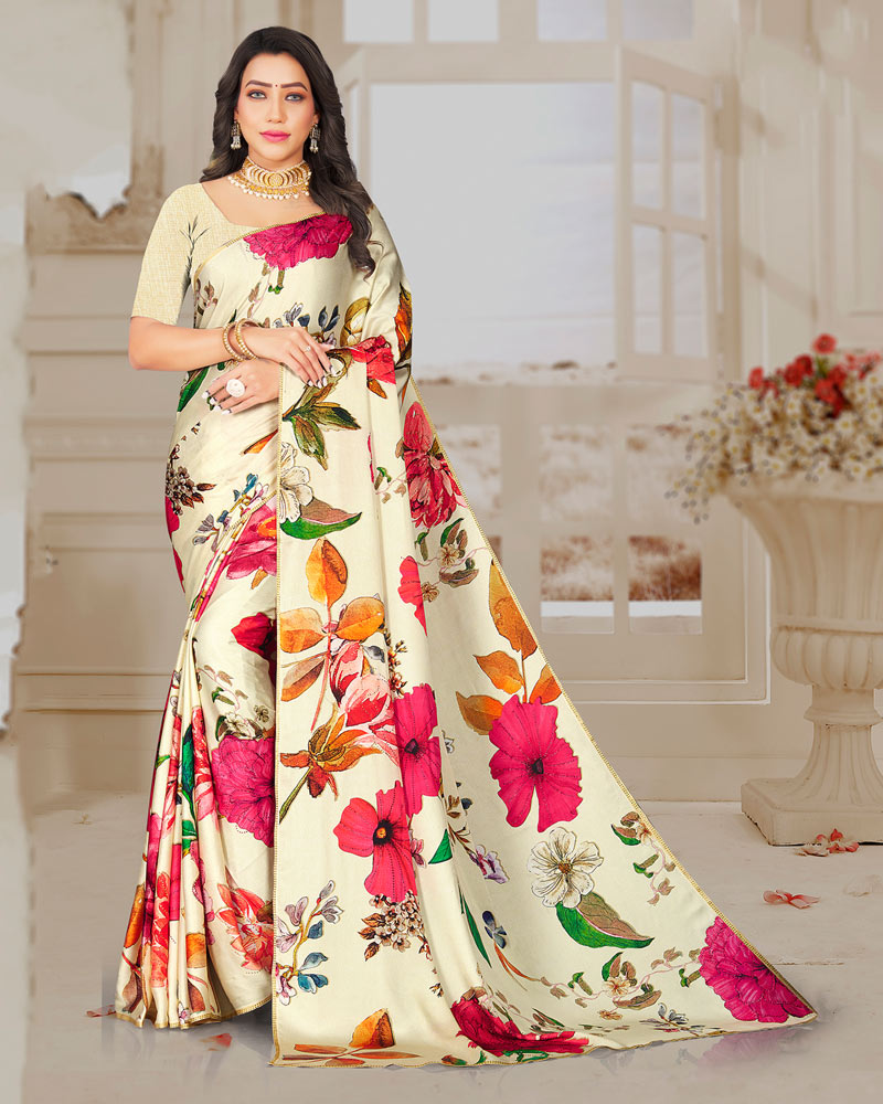 Vishal Prints Ivory Digital Print Satin Saree With Stone Diamond Work And Core Piping