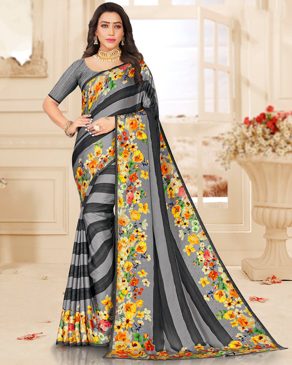 Vishal Prints Grey Digital Print Satin Saree With Stone Diamond Work And Core Piping