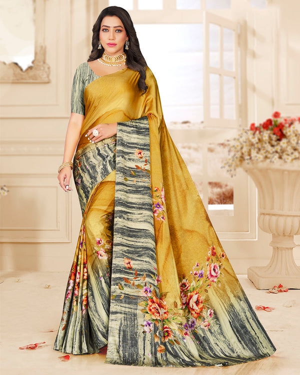 Vishal Prints Mustard Digital Print Satin Saree With Stone Diamond Work And Core Piping