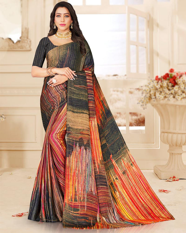 Vishal Prints Navy Blue Digital Print Satin Saree With Stone Diamond Work And Core Piping