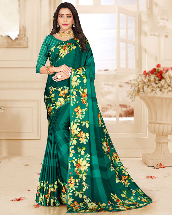 Vishal Prints Rama Green Digital Print Satin Saree With Stone Diamond Work And Core Piping