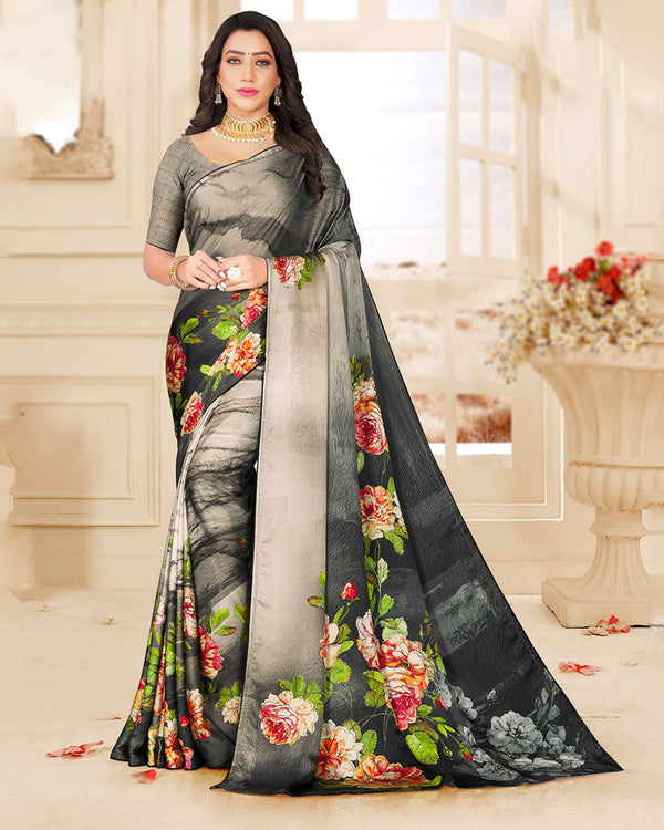 Vishal Prints Off White Digital Print Satin Saree With Stone Diamond Work And Core Piping