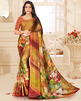 Vishal Prints Mustard Digital Print Satin Saree With Stone Diamond Work And Core Piping