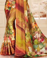 Vishal Prints Mustard Digital Print Satin Saree With Stone Diamond Work And Core Piping