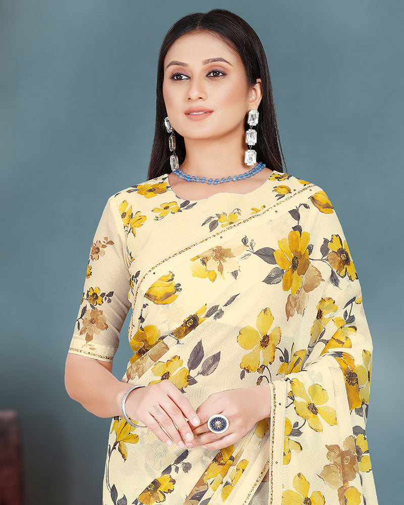 Vishal Prints Ivory And Olive Yellow Digital Floral Print Georgette Saree With Piping