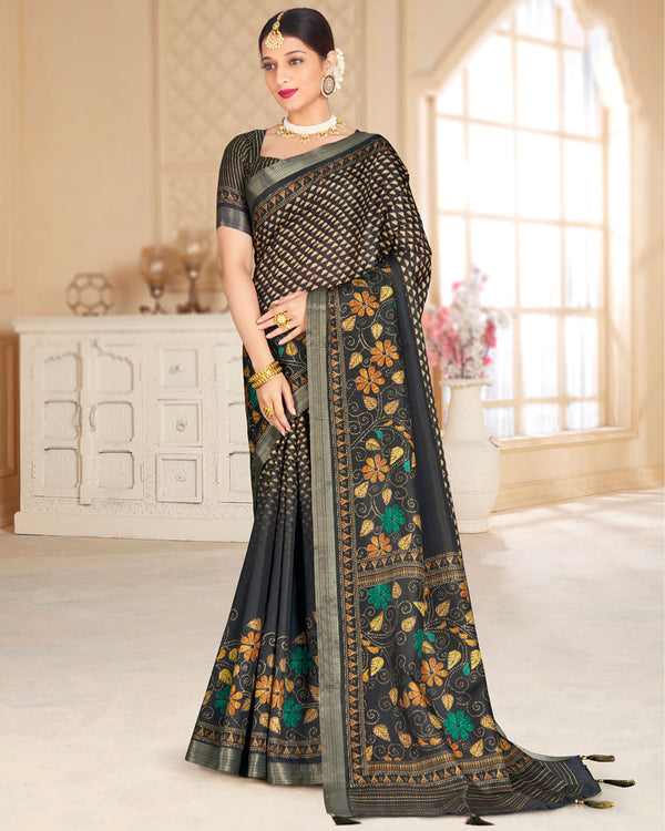 Vishal Prints Black Poly Cotton Digital Printed Saree With Tassel