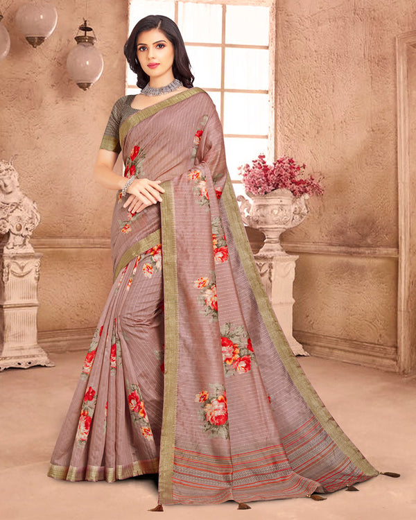 Vishal Prints Brownish Pink Poly Cotton Weaving Printed Saree With Tassel