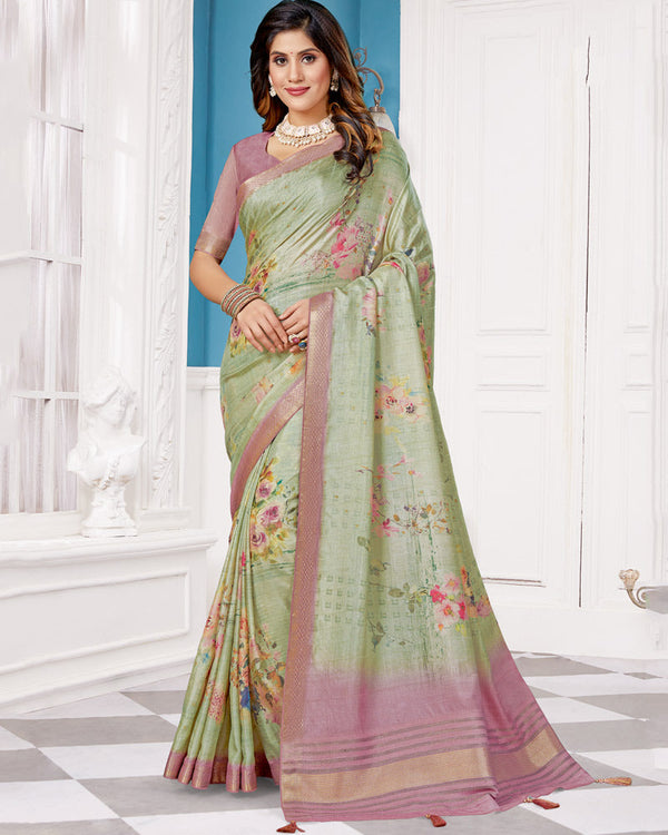 Vishal Prints Turquoise Green Poly Cotton Digital Print Saree With Fancy Border