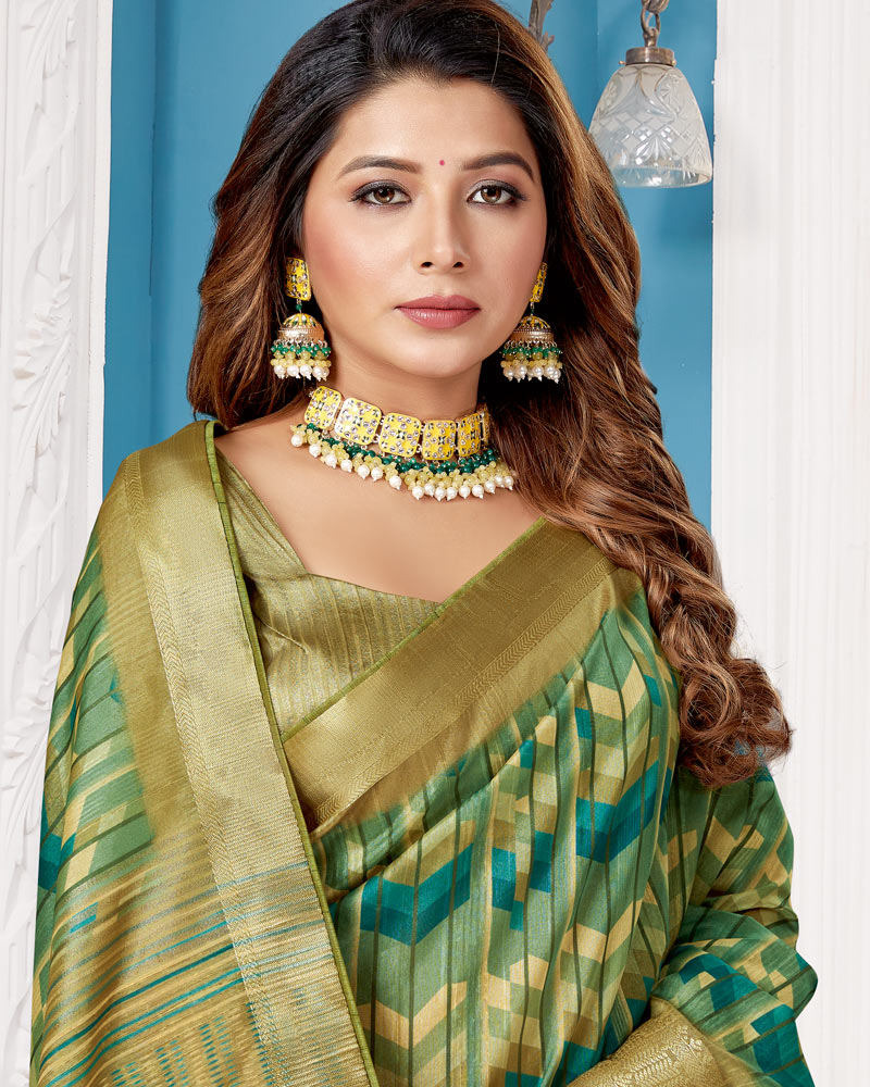 Vishal Prints Rama Green Poly Cotton Digital Print Saree With Fancy Border