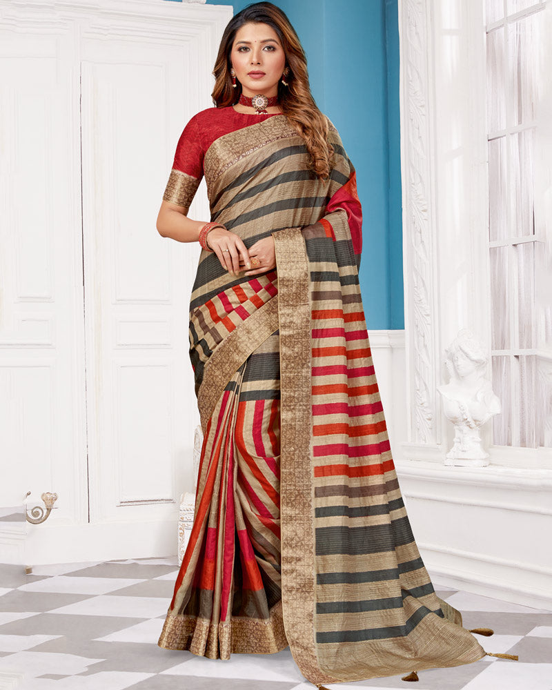 Vishal Prints Light Brown Poly Cotton Digital Print Saree With Fancy Border